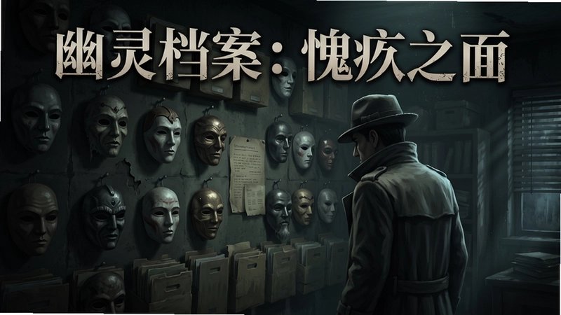 幽灵档案:愧疚之面游戏主视觉图,包含“幽灵档案:愧疚之面”标题字样,侦探面对挂满面具的档案墙,氛围阴森悬疑