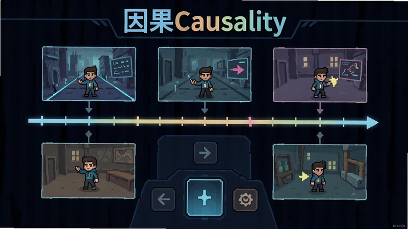 因果Causality游戏解谜画面,时间轴操作界面,角色在多个时间线中行动,“因果Causality”