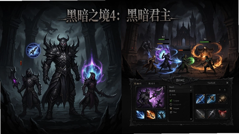黑暗之境4:黑暗君主 游戏主界面与战斗场景,展示暗黑角色、技能特效、装备界面,文字“黑暗之境4:黑暗君主”