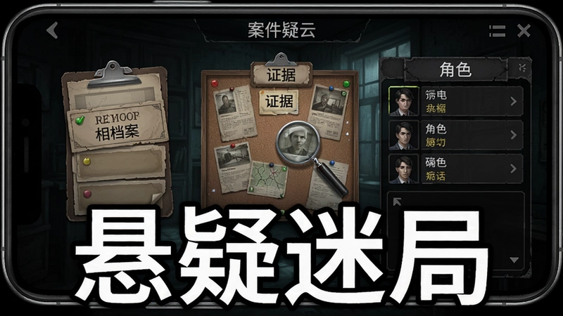 手机疑云电脑版游戏主界面截图,包含案件档案、证据板与角色对话选项,展现悬疑解谜氛围,图上标注“悬疑迷局”字样