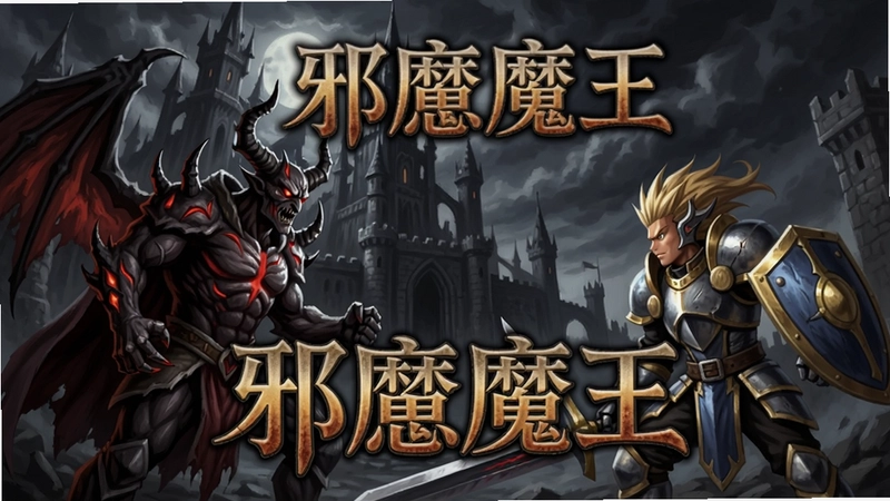 邪恶魔王与出色勇者主视觉图,暗黑城堡与勇者对峙场景,图中包含“邪恶魔王”游戏标题