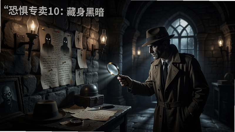 “恐惧专卖10:藏身黑暗”黑暗古堡解谜场景,侦探探索线索,惊悚氛围画面