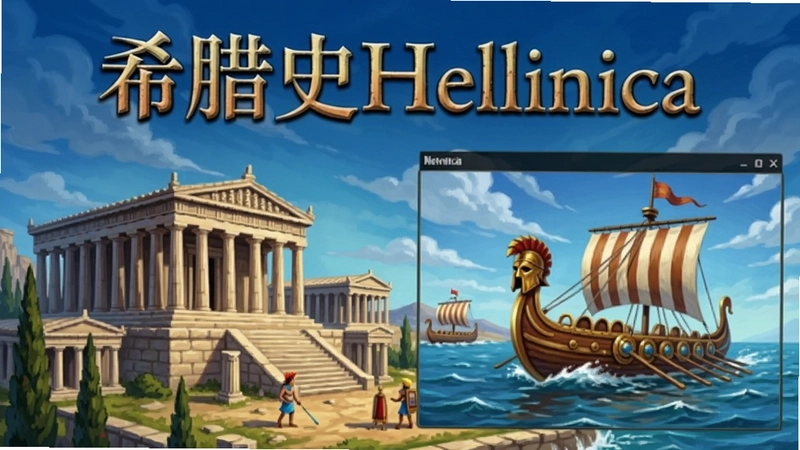 希腊史Hellenica电脑版游戏封面与主界面,古希腊神庙与战船,显示\“希腊史Hellenica\”标题