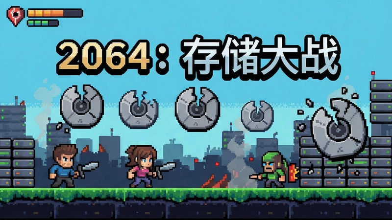2064:存储大战游戏主界面截图,展示像素风格角色与数据战场,画面中漂浮着“2064:存储大战”标题和破碎的磁盘图标