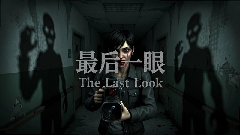 恐怖游戏“最后一眼The Last Look”主角在昏暗精神病院走廊中手持摄影机,墙上投下扭曲黑影,画面中央浮现若隐若现的标题文字“最后一眼The Last Look”,氛围阴森绝望