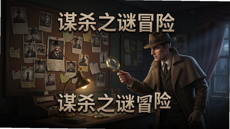 游戏“谋杀之谜冒险”主视觉图,侦探在昏暗房间调查线索,证据墙,维多利亚时期风格,高细节