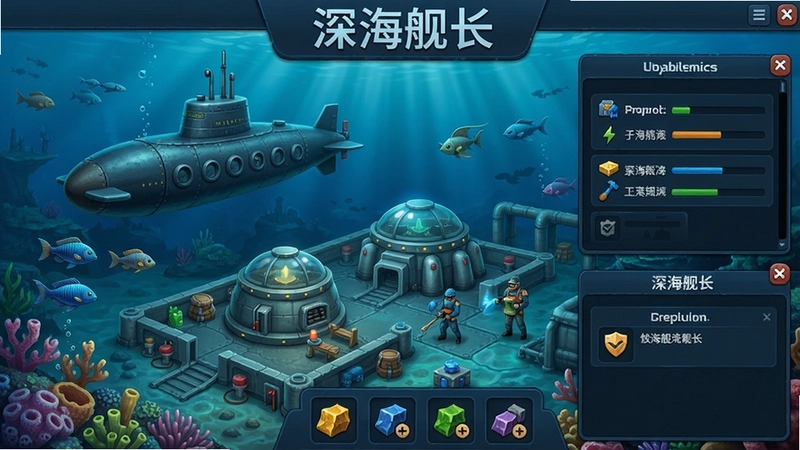 深海舰长电脑版游戏主界面,展示潜艇、海底基地、资源收集、任务界面等整体内容