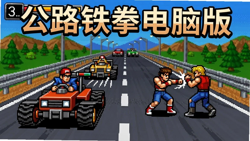 公路铁拳游戏场景,包含“公路铁拳电脑版”字样,展示战车追逐和角色打斗的复古像素画面,突出热血格斗与公路对战
