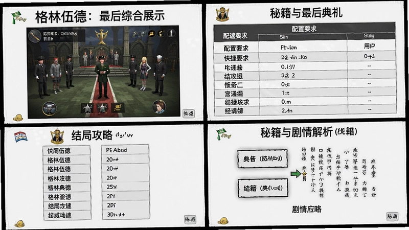 “格林伍德:最后典礼”游戏综合展示,包含玩法画面、配置要求表格、快捷键列表、结局攻略、秘籍与剧情解析等多方面内容插图
