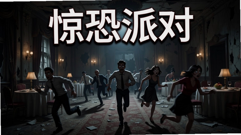 惊恐派对游戏主场景,昏暗的废弃宴会厅中多人角色正在逃跑,屏幕上方显示“惊恐派对”标题文字