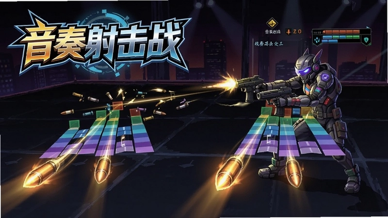 音奏射击战主界面与射击场景,展示音乐节奏子弹光影特效,画面包含“音奏射击战”中文logo字样