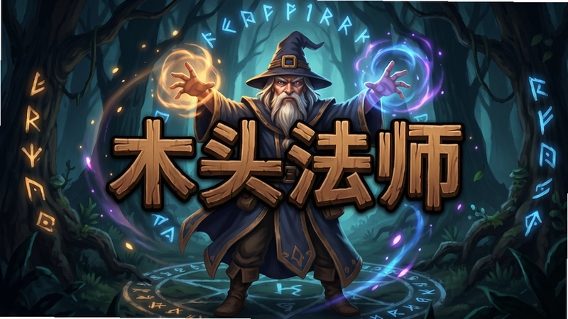 木头法师游戏主视觉图,展现法师角色施展华丽魔法,场景包含黑暗森林与神秘符文,整体氛围奇幻,“木头法师”字样出现在画面中央