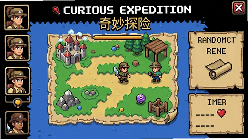 The Curious Expedition奇妙探险主界面与探险队整装待发,像素风地图和角色头像,展现随机事件与冒险氛围