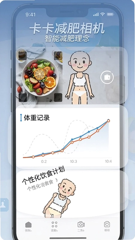 卡卡减肥相机主界面演示,AI拍照识别食物热量、体重记录曲线、个性化饮食计划设置功能截图,突出“卡卡减肥相机”智能减肥理念