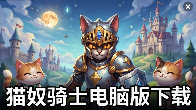 猫奴骑士游戏主界面,展示猫耳骑士与可爱猫咪的奇幻世界,文字“猫奴骑士电脑版下载”