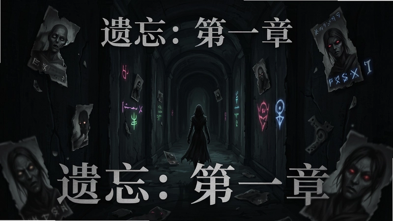 遗忘:第一章 游戏主视觉,充满黑暗走廊、记忆碎片与诡异符号,文字标注“遗忘:第一章”
