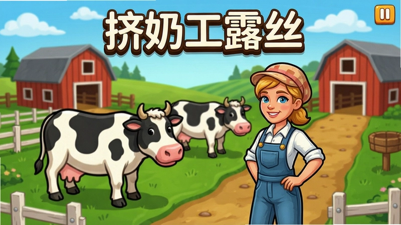挤奶工露丝游戏主界面截图,展现牧场、奶牛、露丝人物,画面中有“挤奶工露丝”标题