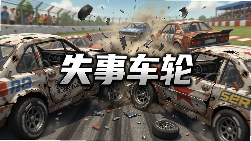 一张展示“失事车轮”游戏激烈碰撞场景的图片,赛道上有几辆破旧赛车相互撞击,碎片飞溅,尘土弥漫,画面中央有“失事车轮”字样标题。