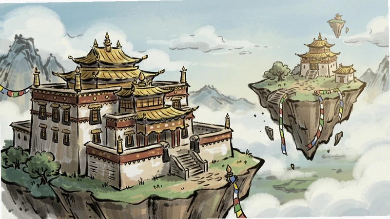 曼达宫游戏截图,西藏寺庙、浮空岛、手绘风格