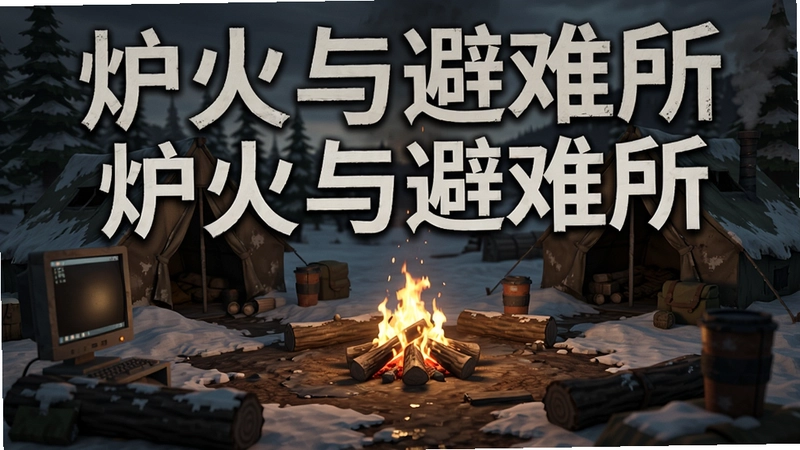 炉火与避难所电脑版末日生存营地篝火画面,文字标明“炉火与避难所”