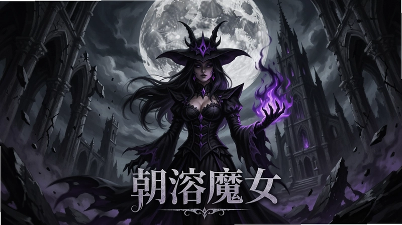 “朝溶魔女”暗黑奇幻主视觉,魔女立于破碎圣堂中央,左手缠绕紫色魔焰,背景巨大圆月与高塔,文字标题“朝溶魔女”