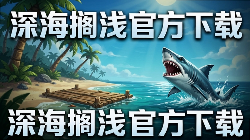 深海搁浅电脑版荒岛求生场景,椰林沙滩、木筏、鲨鱼跃出海面,游戏封面风格,大标题文字“深海搁浅官方下载”