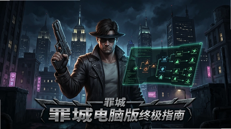 罪城电脑版角色扮演游戏封面,黑暗都市夜景、主角持枪与黑客界面、技能树分支,“罪城电脑版终极指南”