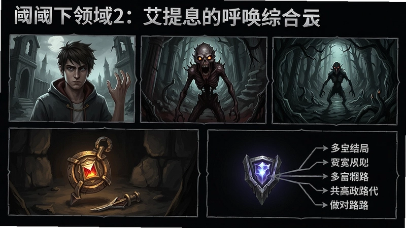 阈下领域2:艾提斯的呼唤游戏综合展示,涵盖主角、恐怖怪物、扭曲环境、关键道具与多结局路线的插画