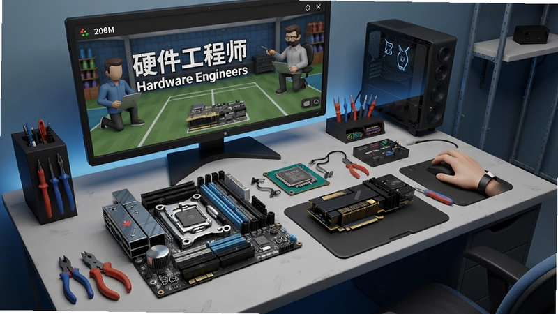 “硬件工程师Hardware Engineers”游戏主界面与电脑组装操作台高清展示,包含主板、CPU、显卡等硬件细节,体现出模拟经营的逼真感