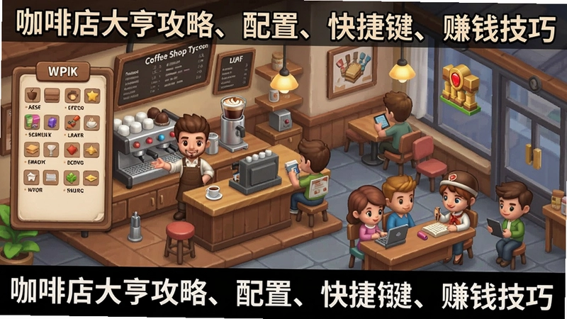 咖啡店大亨Coffee Shop Tycoon游戏主界面,展示咖啡店经营、菜单设计、顾客服务与商业帝国,文字内容“咖啡店大亨攻略、配置、快捷键、赚钱技巧”