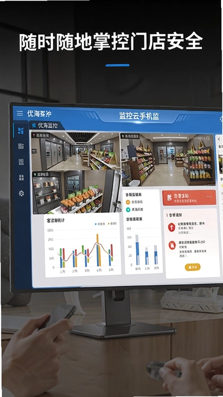 优海监控云手机监控界面,显示多门店实时画面、客流统计图表和告警通知,宣传文字“随时随地掌控门店安全”