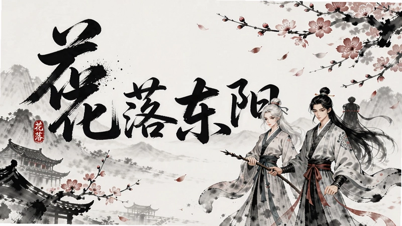 花落东阳游戏主视觉海报,水墨画风,标题“花落东阳”及角色立绘