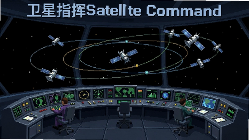 卫星指挥Satellite Command游戏主界面,展示卫星轨道和指挥大厅,包含文字“卫星指挥Satellite Command”