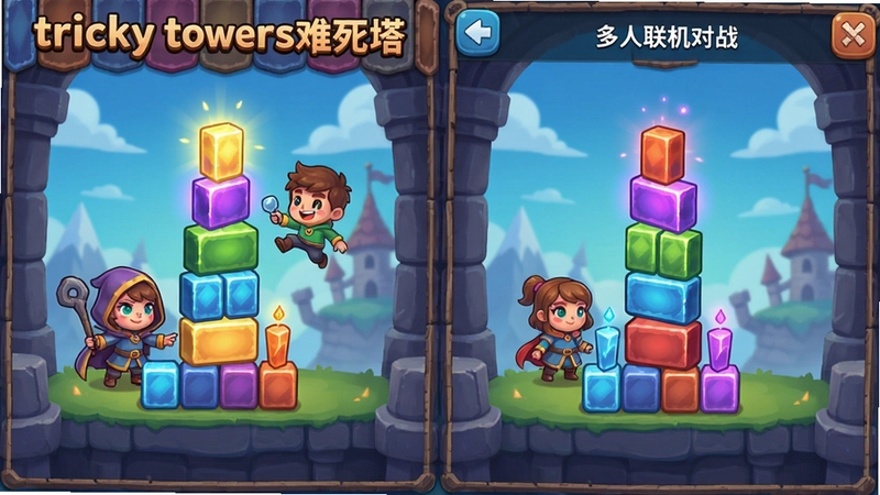 “tricky towers难死塔”游戏主界面及多人联机对战截图,展示魔法砖块堆叠和可爱角色
