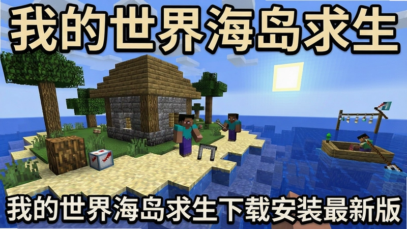 我的世界海岛求生游戏画面,展现孤岛生存、资源收集、建造房屋和海洋探险等核心玩法,文字“我的世界海岛求生下载安装最新版”
