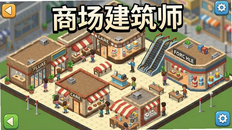 商场建筑师游戏主界面展示,模拟经营建造商场,精美的店铺布局与客流熙攘的场景,文字“商场建筑师”