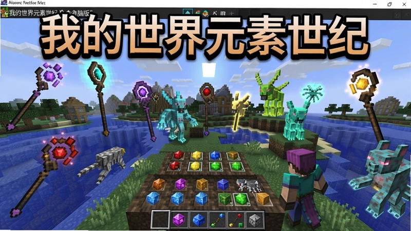 生成展示“我的世界元素世纪”游戏内元素世界全景、多种元素法杖、元素生物与角色冒险的视觉图,突出“我的世界元素世纪电脑版”完整游戏界面与魔法合成元素,包含文字“我的世界元素世纪”