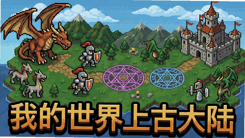我的世界上古大陆游戏场景,像素风格的上古神话世界,龙、骑士、城堡、魔法阵,带有“我的世界上古大陆”标题的艺术化游戏画面