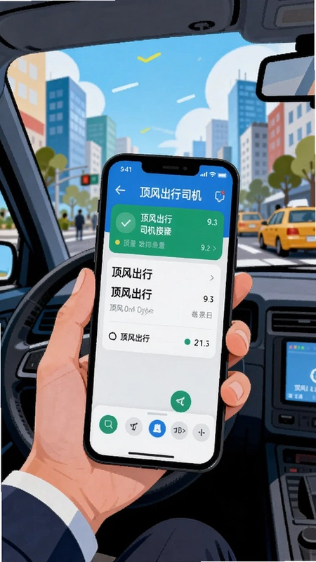 插画展现网约车司机手持手机使用顶风出行司机接单,背景为城市街道,手机屏幕显示顶风出行司机订单界面,色彩明快