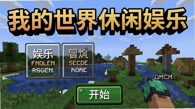 “我的世界休闲娱乐”游戏主界面,展示像素方块世界、娱乐模式选择和建造冒险场景,包含醒目的“我的世界休闲娱乐”标题文字和开始按钮