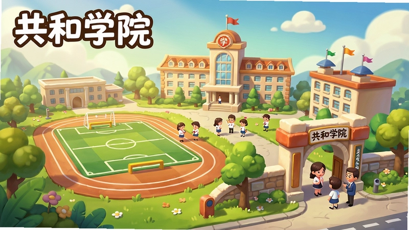 一幅展示共和学院校园全景的手绘卡通风格游戏海报,画面包含教学楼、操场、学生老师和校门,左上角写着“共和学院”,色调温暖明亮