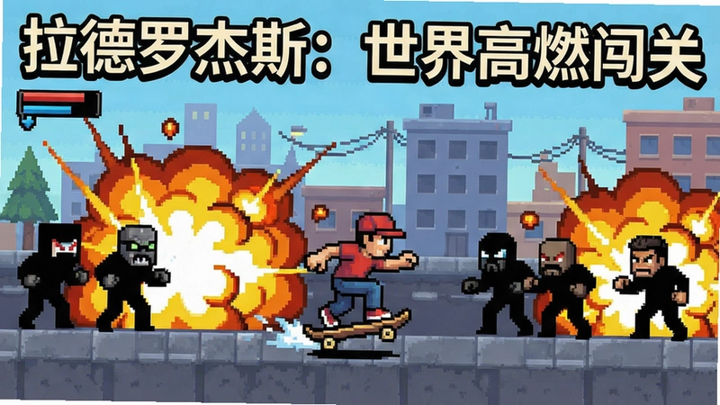 一幅展示“拉德罗杰斯:世界”游戏标志性像素画面,包含主角滑板冲刺、敌人围攻与爆炸特效的动态场景,画面上方标注“拉德罗杰斯:世界高燃闯关”字样