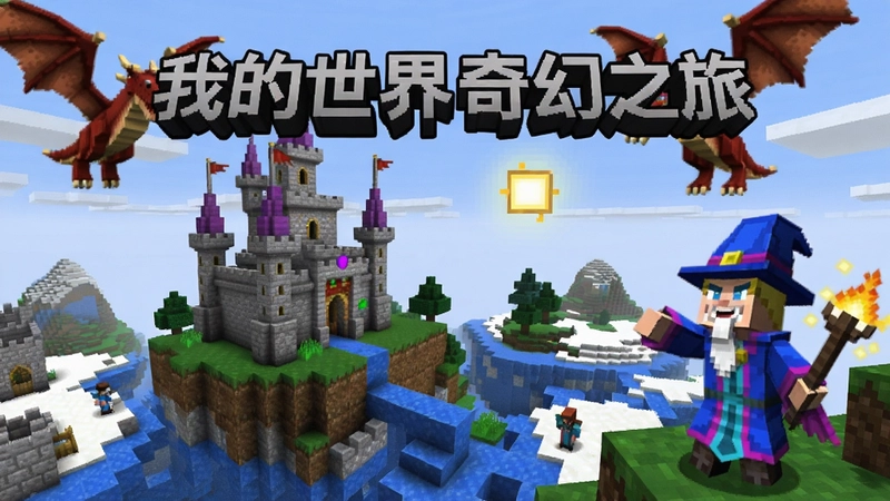 我的世界奇幻之旅游戏主视觉图,展现“我的世界奇幻之旅”魔幻方块世界,包含城堡、龙、法师角色等元素