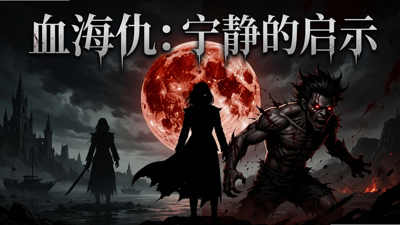 游戏海报,文字“血海仇:宁静的启示”,暗黑复仇风格,宁静与狂暴的对比,主角剪影,血月背景