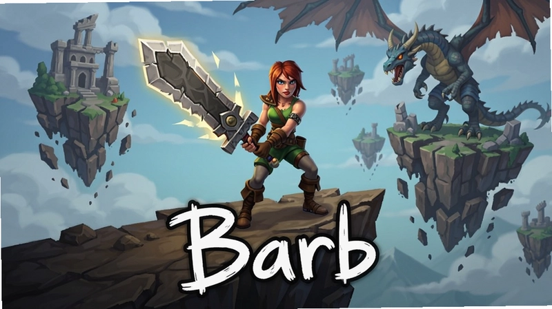 生成游戏宣传图:主角Barb站在悬崖边,手持发光大剑,背景是漂浮的破碎岛屿与巨龙,画面下方有手写体“Barb”标题