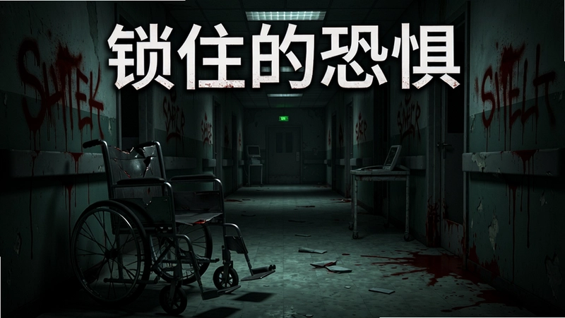 锁住的恐惧电脑版游戏主视觉,昏暗精神病院走廊,破碎的轮椅,墙上血色涂鸦,标题“锁住的恐惧”,惊悚氛围浓厚