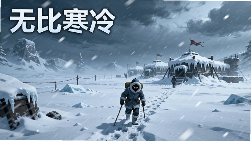 生成一幅表现“无比寒冷”游戏场景的图片,画面要有暴风雪、人物在冰原上艰难前行、冰雪覆盖的基地,文字标注“无比寒冷”