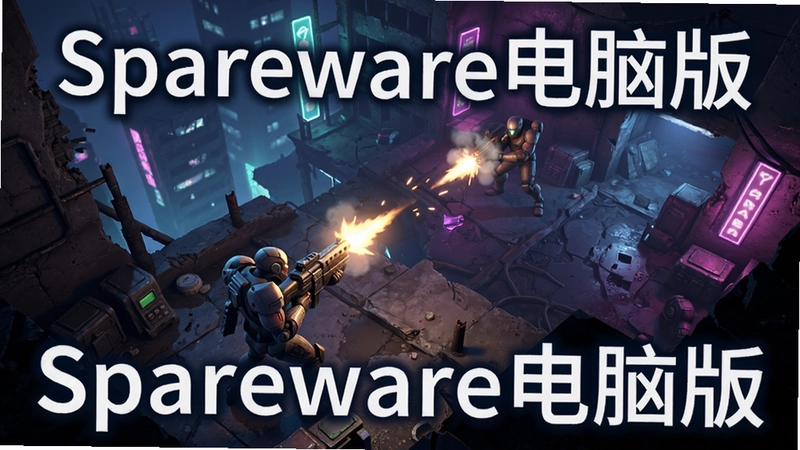 科幻俯视角射击游戏Spareware,机械战士,霓虹废墟,枪火特效,文字“Spareware电脑版”