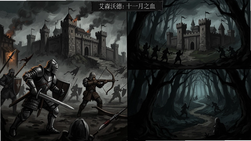 暗黑手绘风格的中世纪策略角色扮演游戏“艾森沃德:十一月之血”战斗与探索场景,包含骑士、弩手、城堡和幽暗森林,突出恢弘的战争氛围与写实光影