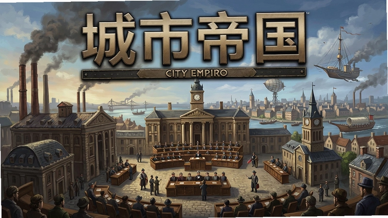 城市帝国游戏封面与城市全景,展现工业时代建筑风格与议会场景,标注“城市帝国”游戏标题